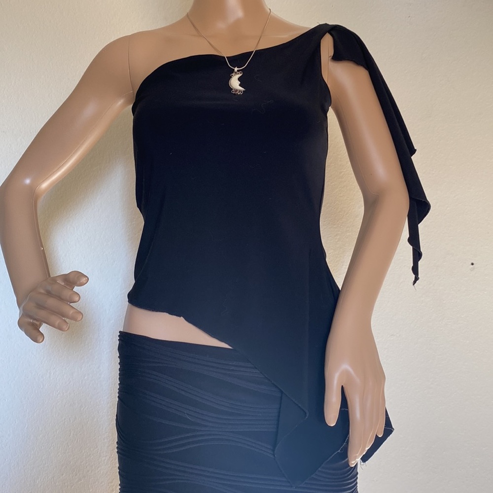 vintage y2k black diary hem asymmetrical one sleeve blouse
